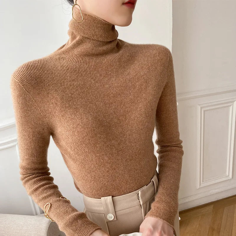 Women Heaps Collar Turtleneck Sweaters Autumn Winter Slim Pullover Women Basic Tops Casual Soft Knit Sweater Soft Warm Jumper