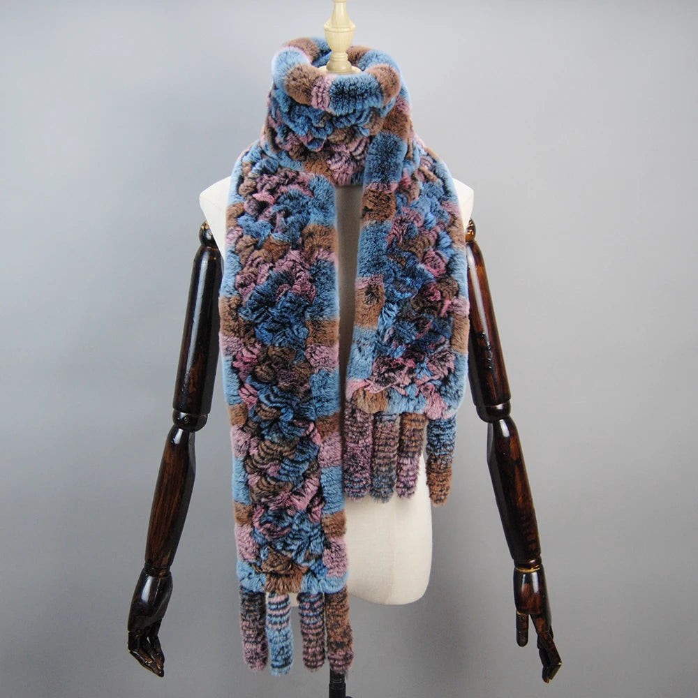 2025 Long Style Women Winter Real Rex Rabbit Fur Scarf Natural Rex Rabbit Fur Scarves Lady Knitted Rex Rabbit Fur Ring Scarves