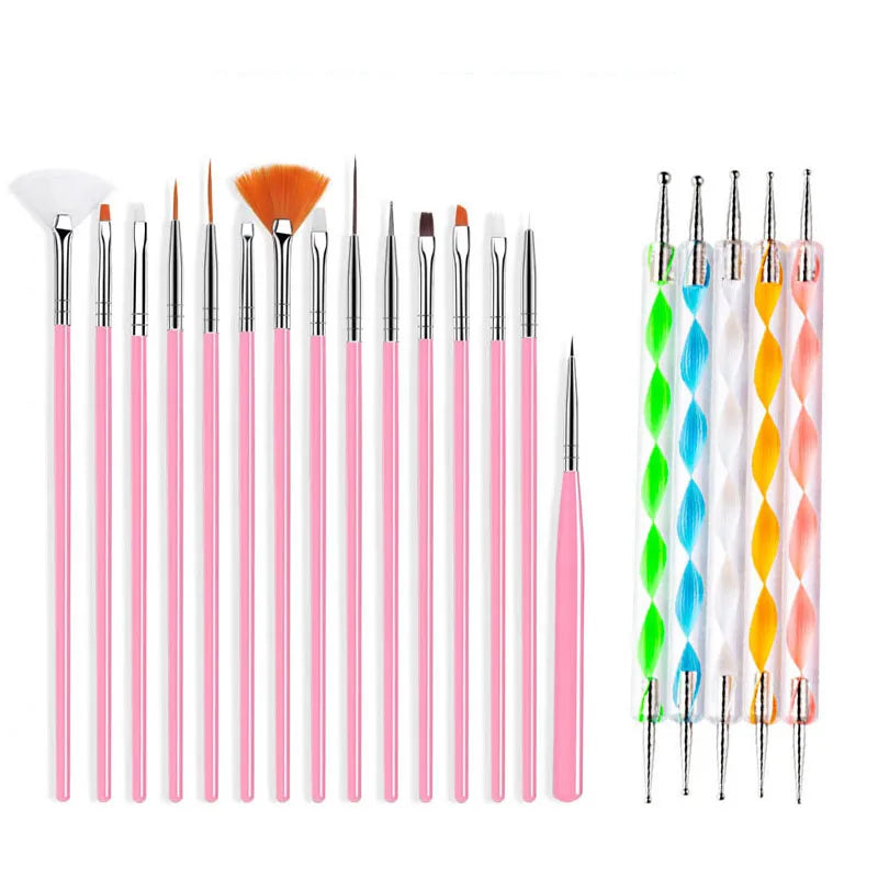 5/20Pcs Nail Art Brush Design Tip Painting Drawing Carving Dotting Pen FlatFan Liner Acrylic Gel UV Polish Manicure Tools