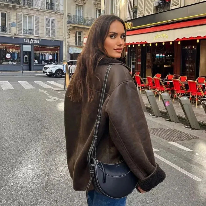MUJER Faux Leather Jackets for Women Winter Warm Bomber Jacket Woman Long Sleeve Womens Coats Plush Oversized Women's Jackets