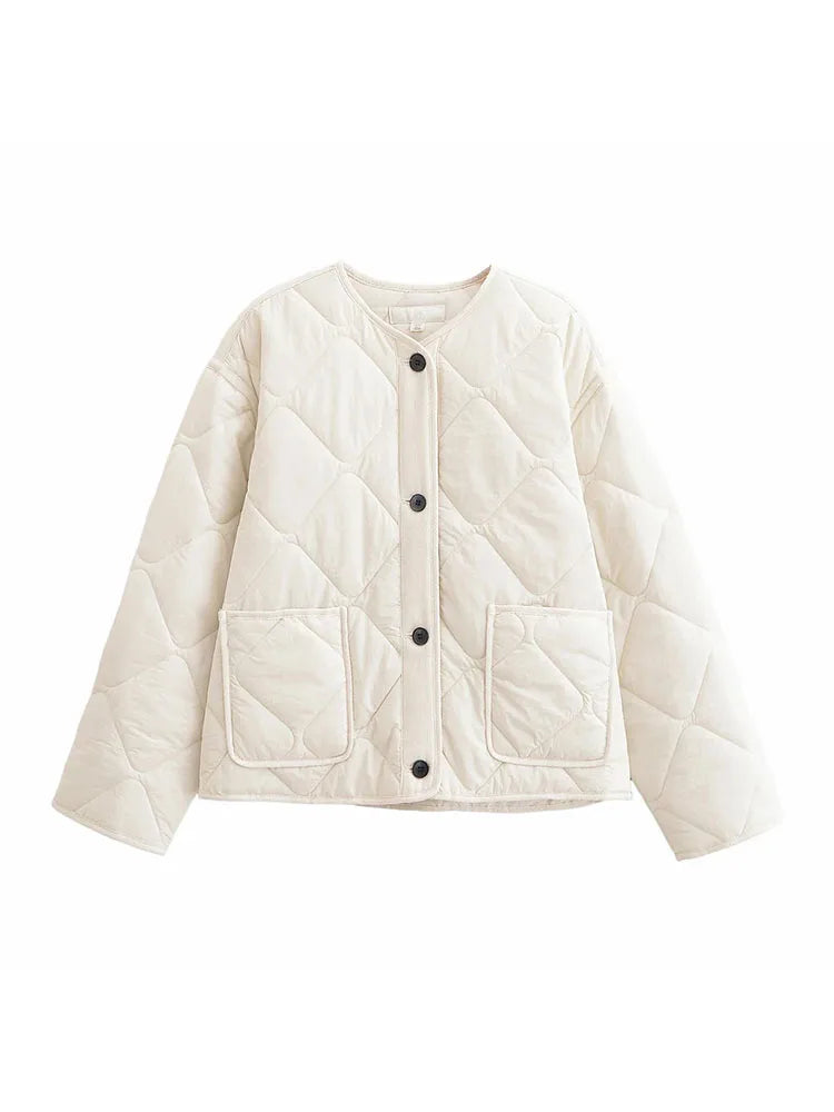 Woman 2025 Autumn Comfy Outdoor Clothes High Street Pocket Simple Grid Jacket Vintage O-Neck Jackets Cotton-Padded Jacket