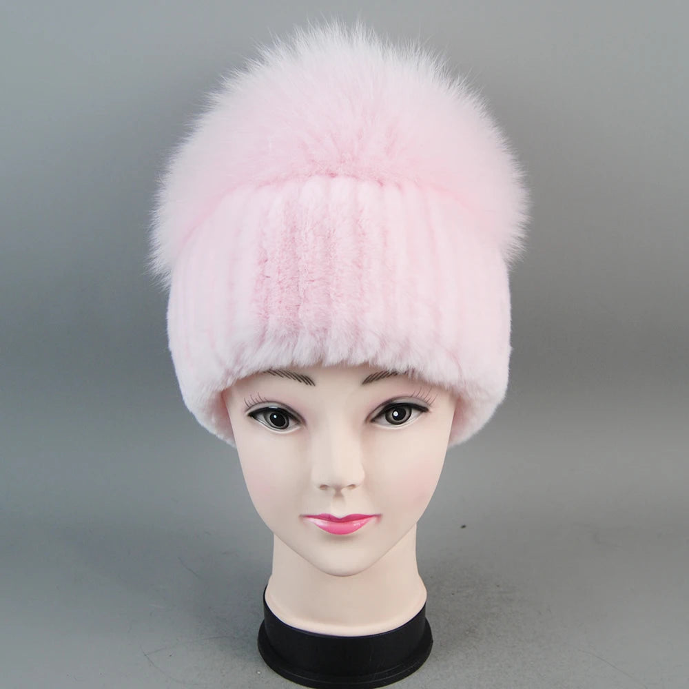 Female's Hat Good Elastic Natural Fluffy Real Fox Fur Hat New Winter Women Knitted Real Rex Rabbit Fur Hats Lady Real Fur Cap