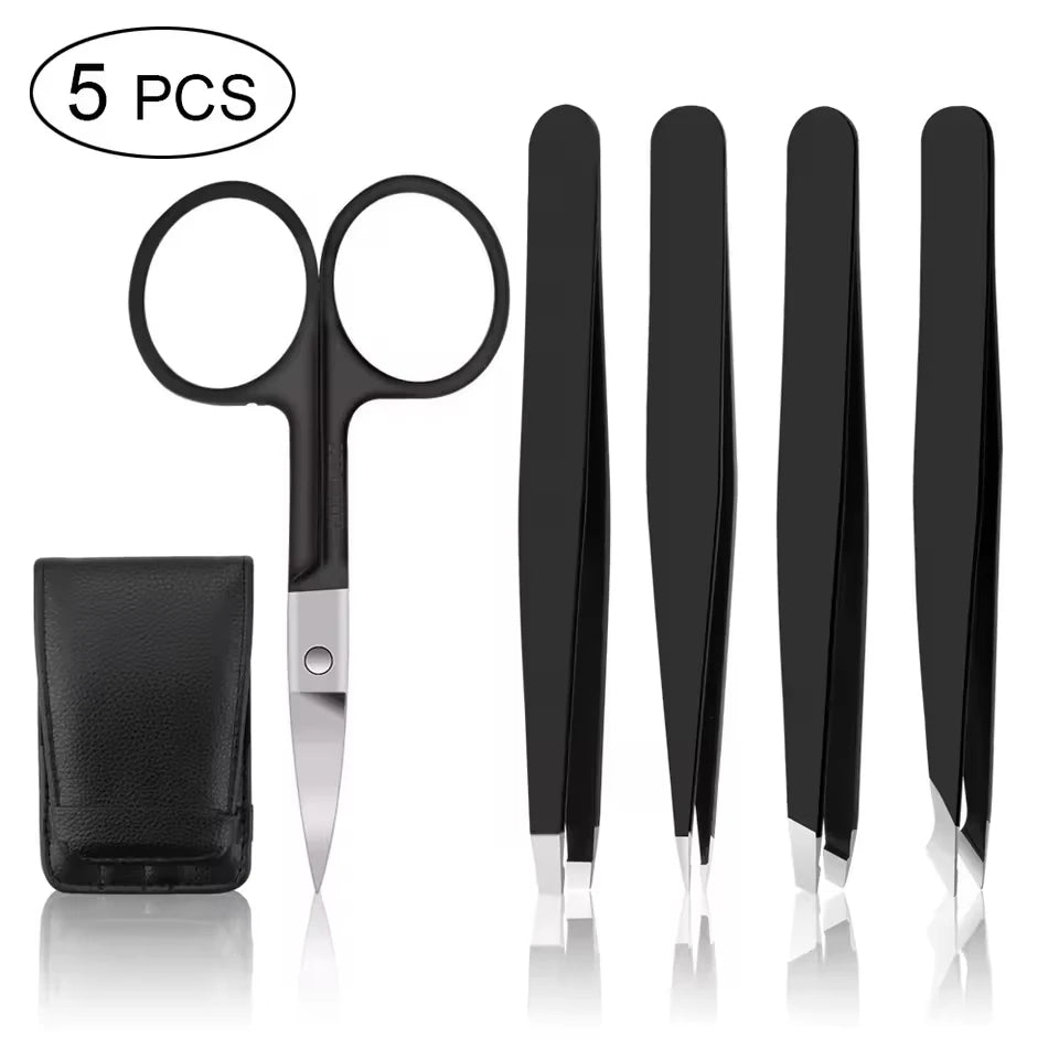5-Piece Stainless Steel Beauty Tweezers Set Professional Eyebrow Eyelash & Fine Hair Removal Makeup Tools