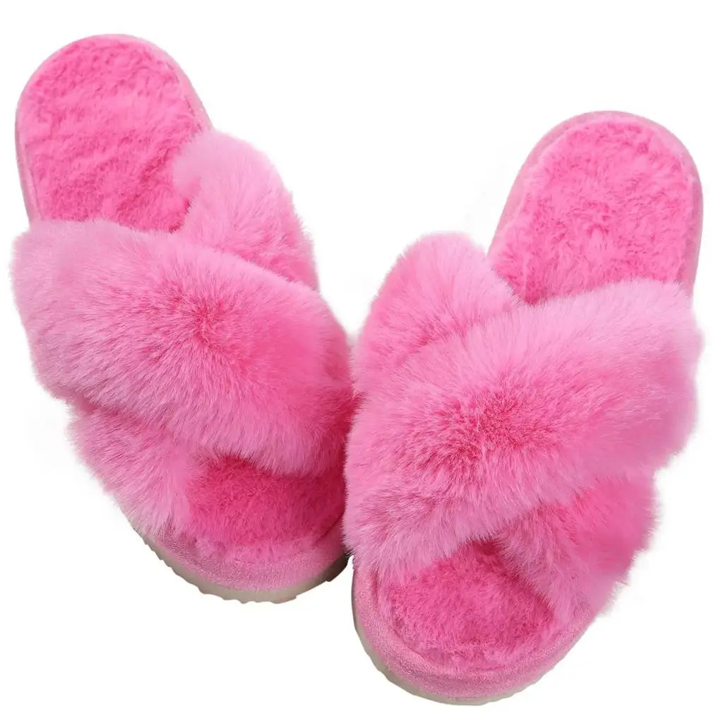 Eyriphy Indoor Open Toe Flats Cotton Shoes Comfort House Slippers Winter Fluffy Fur Slippers Women Fashion Plush Fuzzy Slippers
