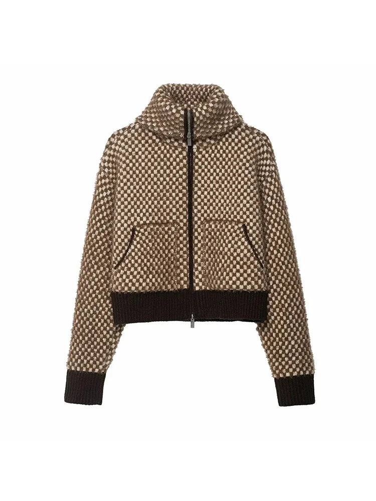 Women 2025 Winter New Artificial Fur Pilot Jacket Collar Cardigan Wool Sweater Thickening Color Block Tops Zipper Jacket