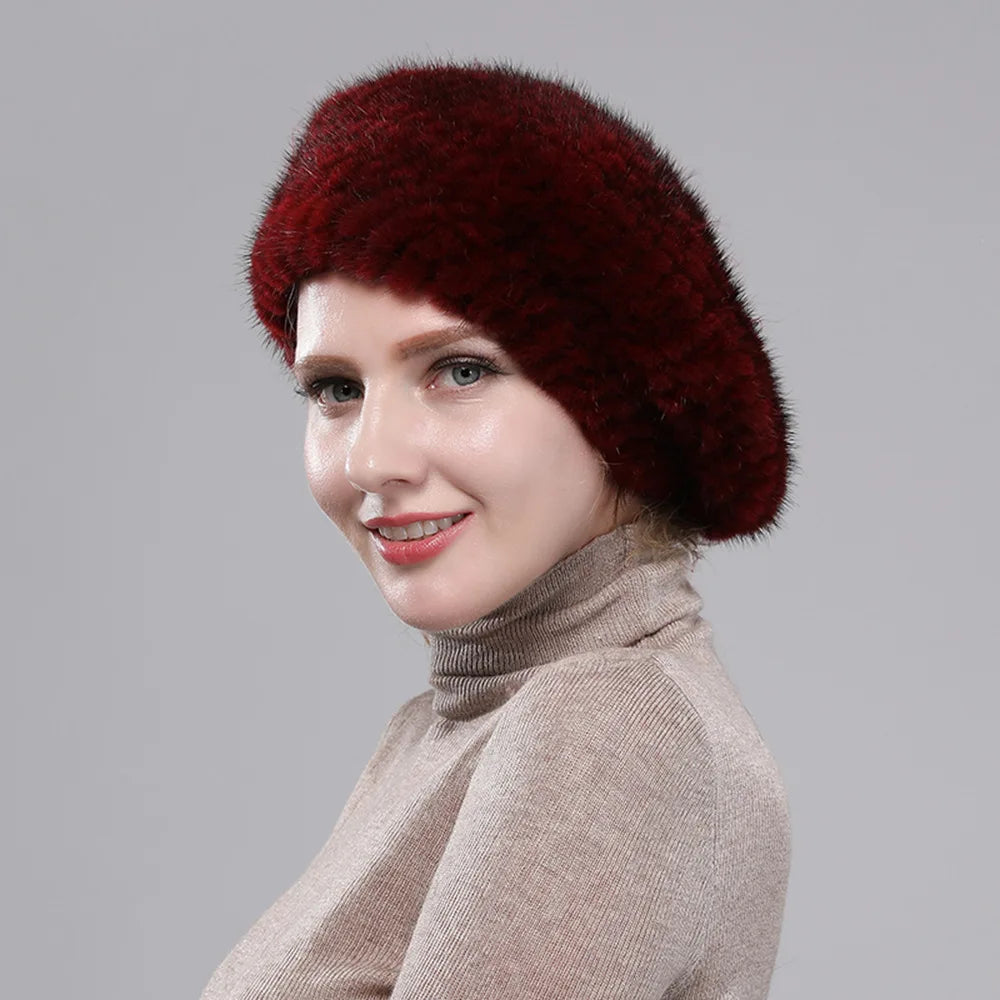 Real Mink Fur Berets Elegant Women's Winter Caps New Design Fashion Fur Hats Knitted Warm Natural Mink Fur Beanies Hat