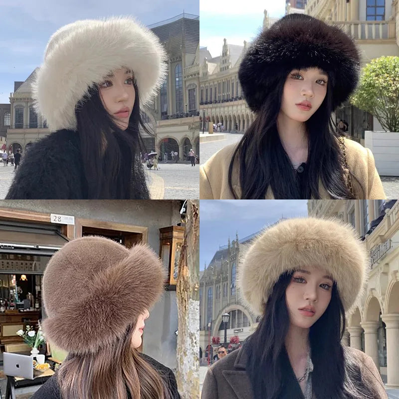 New Style Fashion Hat Women's Winter New Thick Warm Imitation Fur Simple Fisherman's Hat Imitation Mink Fur Ladies Mongolia Caps