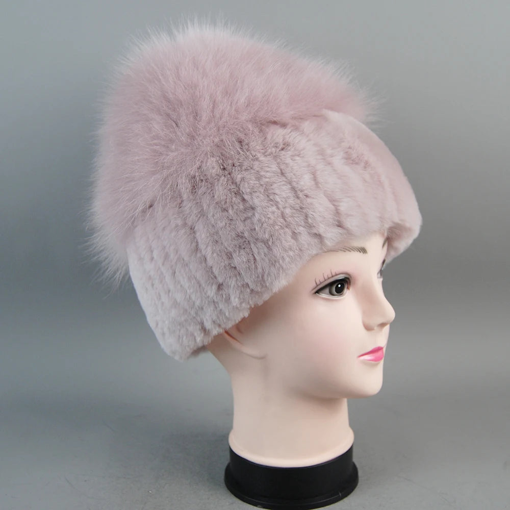 Female's Hat Good Elastic Natural Fluffy Real Fox Fur Hat New Winter Women Knitted Real Rex Rabbit Fur Hats Lady Real Fur Cap