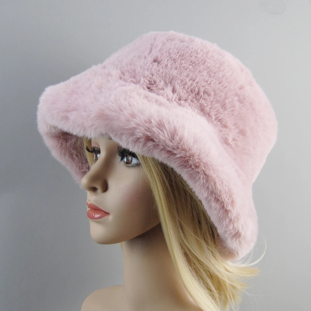 New Fake Rabbit Fur Hats Super Soft Women Winter Hat Cotton Lining Warm Russian Ski Beanies Plush Solid Color Fashion Casual Cap
