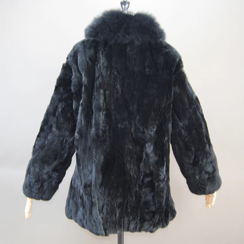 2025 Luxury Women Winter Thick Real Rex Rabbit Fur Coat Lady Warm Quality 100% Genuine Rex Rabbit Fur Jacket With Fox Fur Collar