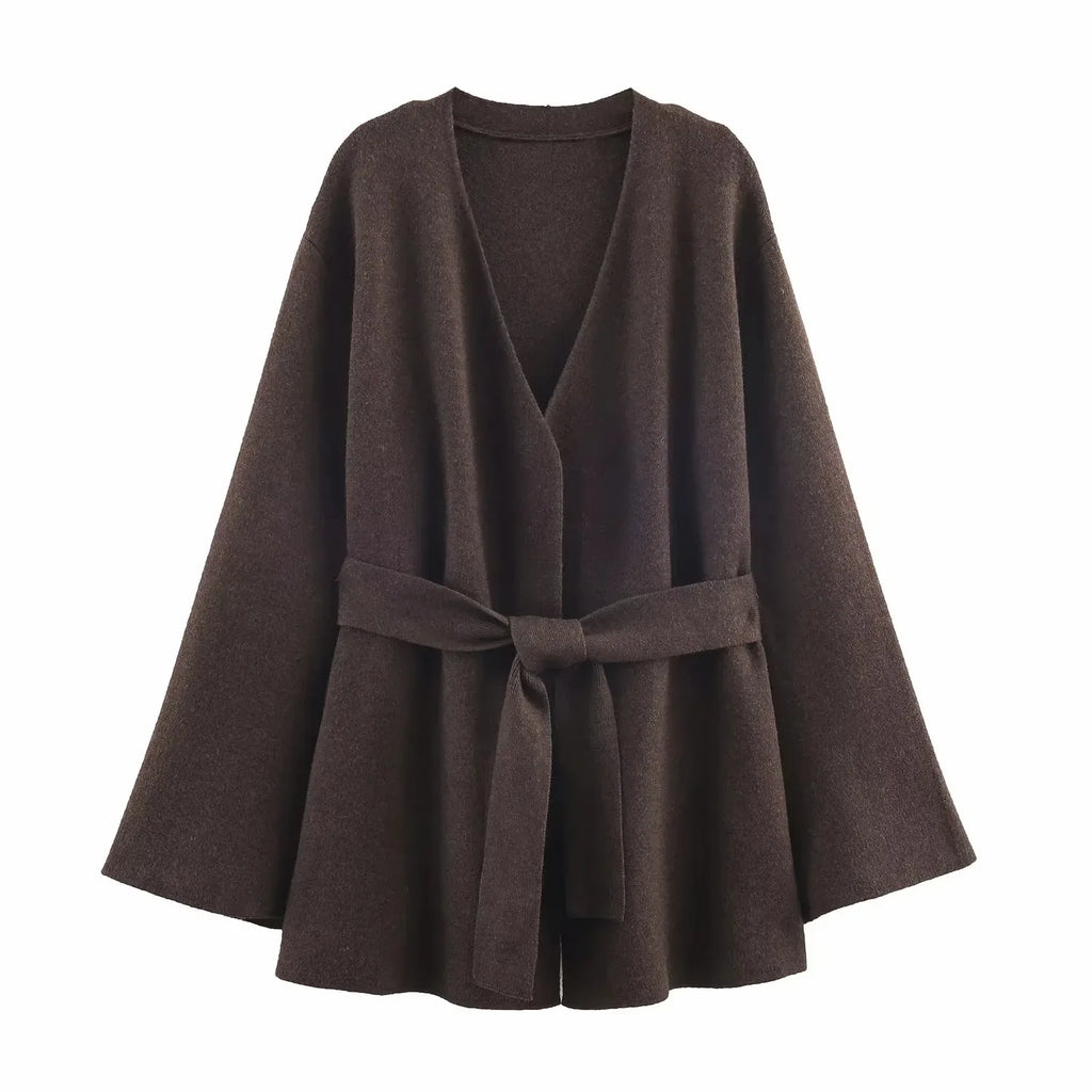 Women's New Vintage Loose Sweater Cardigan Women Casual V-Neck Long Sleeve With Belt Brown Coats Lady Solid Street Outwear
