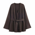 Women's New Vintage Loose Sweater Cardigan Women Casual V-Neck Long Sleeve With Belt Brown Coats Lady Solid Street Outwear
