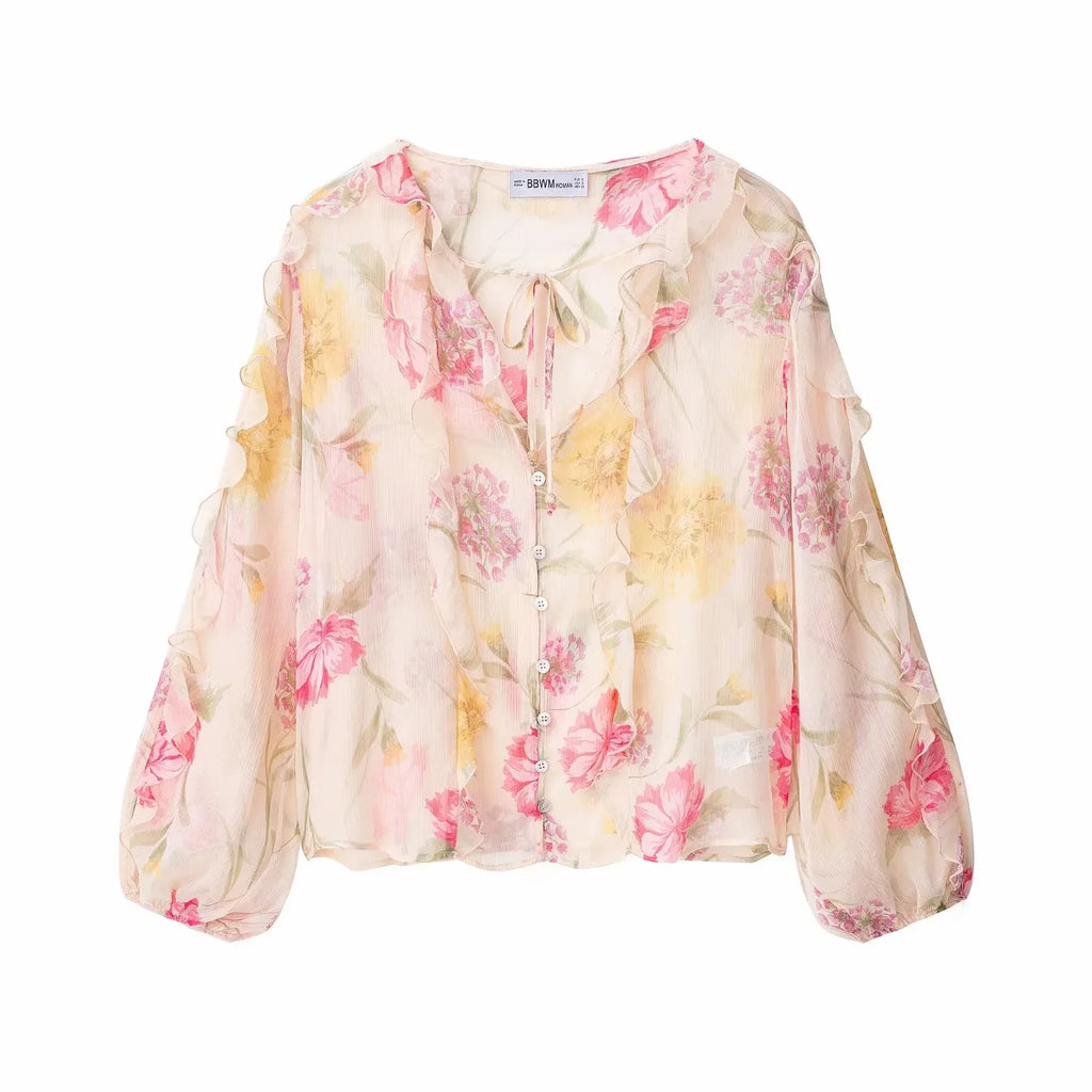 Women's Casual Chic Women Blouse Print Tierred V-Neck Long Flare Sleeve Loose Shirts New Fashion 2025 Autumn Blouses