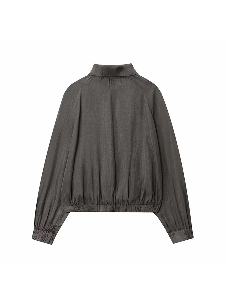 Women 2025 Autumn Fashion Series Standing Collar Drooping Bomber Jacket Female Loose Versatile Zipper Pocket Casual Jacket