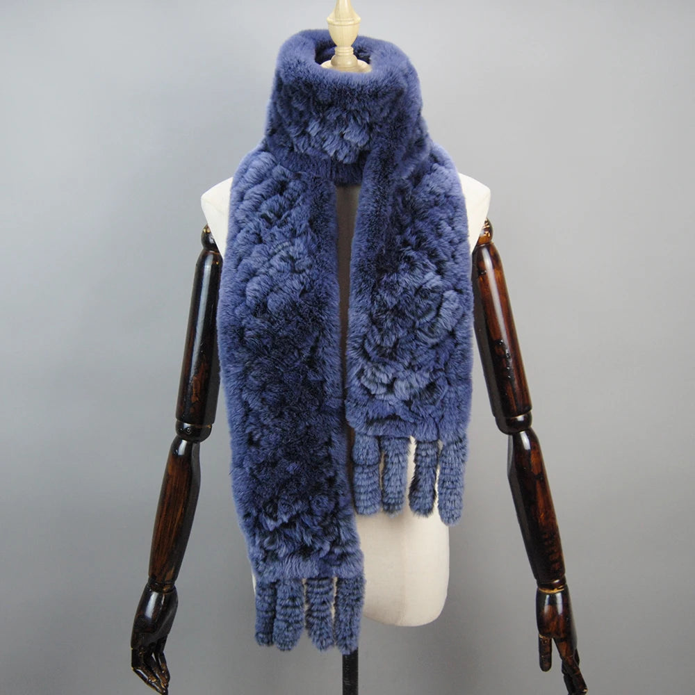 2025 Long Style Women Winter Real Rex Rabbit Fur Scarf Natural Rex Rabbit Fur Scarves Lady Knitted Rex Rabbit Fur Ring Scarves