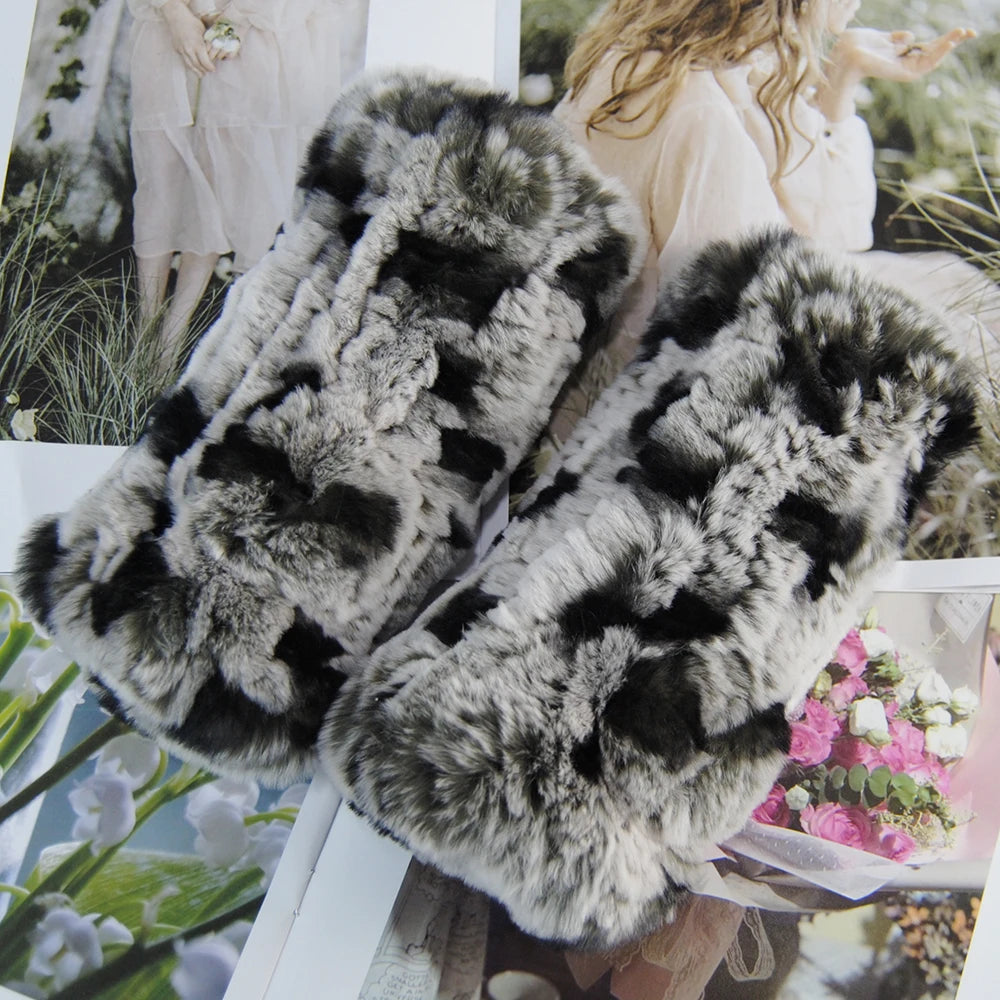 2025 Fashion Real Rex Rabbit Fur Women's Winter Gloves Genuine Fur Mittens Girl Fingerless Gloves Wrist Warmer Elastic Fluffy