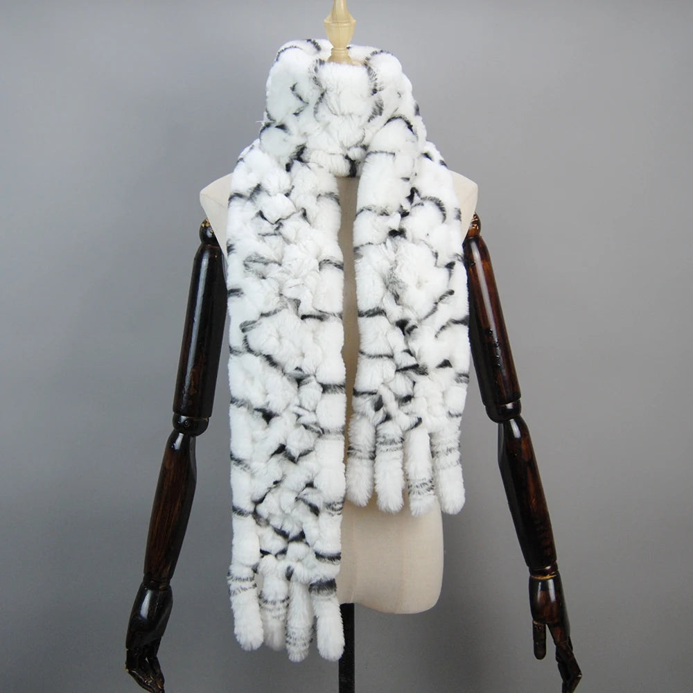 2025 Long Style Women Winter Real Rex Rabbit Fur Scarf Natural Rex Rabbit Fur Scarves Lady Knitted Rex Rabbit Fur Ring Scarves