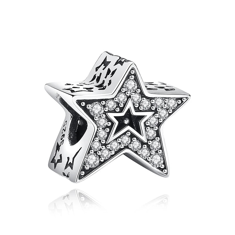 New Original 925 Sterling Silver Charms Star Moon Blue Crystal Glass Beads Fit Brand Bracelets Necklaces Jewelry For Women