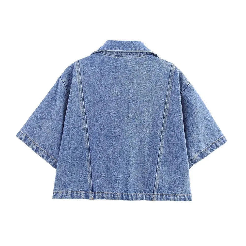 Women's Short Lapel Denim Shirt + Irregular Fashion Short Skirt Pants Vintage Casual Denim Suit Commuter High Street Suit