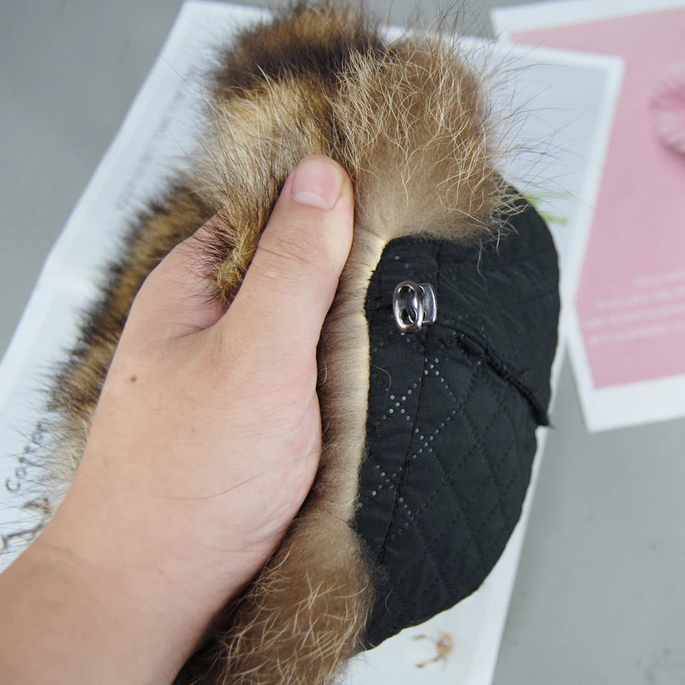Hot Sale Lady Winter Warm Real Raccoon Fur Baseball Cap Brim Cute Ears Hat Women Girls Thick Fashion Warm Raccoon Fur Tail Hats