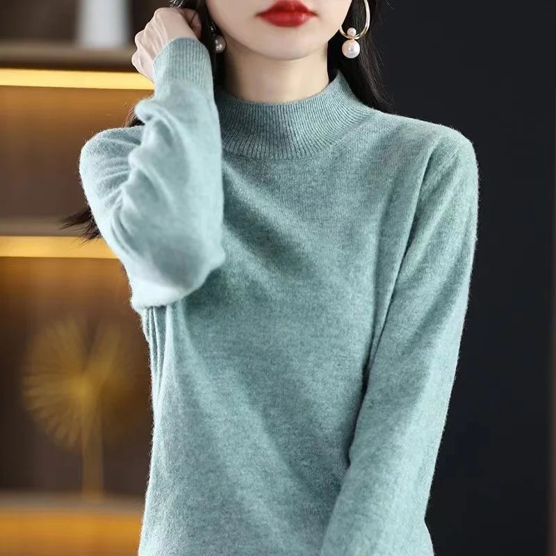 Half High Solid Color Cashmere Sweater For Women Loose Pullover Autumn and Winter Contracted Commuter Basic Knitwear Top Base