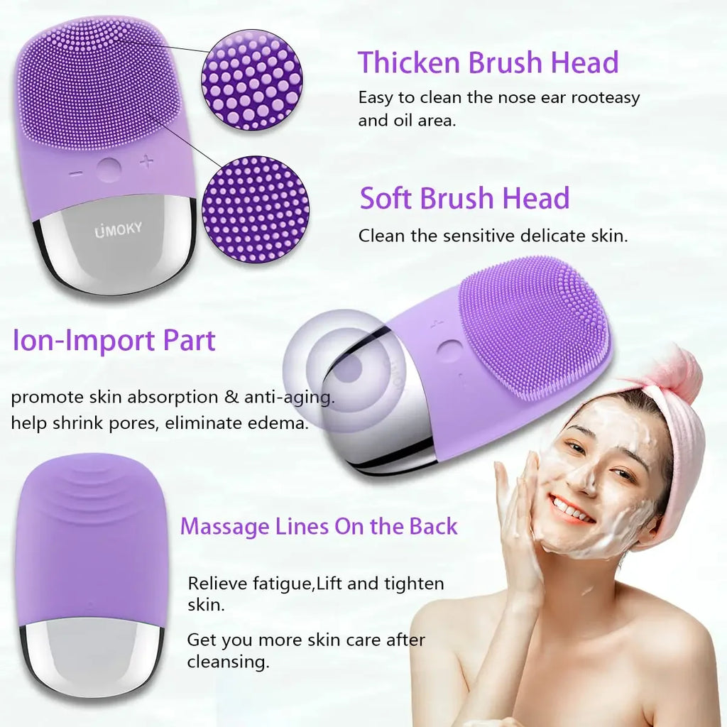 Facial Electric Silicone Cleansing Brush, Ultrasonic Vibration Massage Deep Cleansing Device, USB Rechargeable