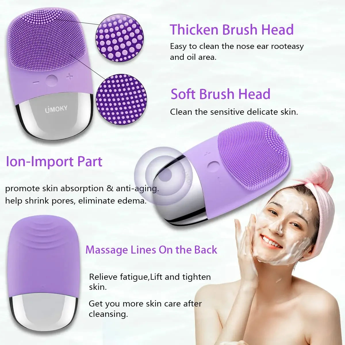 Facial Electric Silicone Cleansing Brush, Ultrasonic Vibration Massage Deep Cleansing Device, USB Rechargeable
