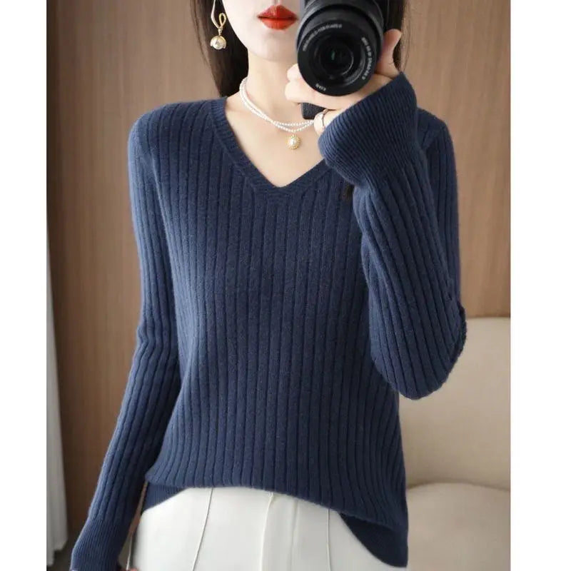 Chic Casual Autumn Winter Basic Sweater Pullovers Women V-neck Solid Knit Loose Pullover Female Long Sleeve Warm Khaki Sweater