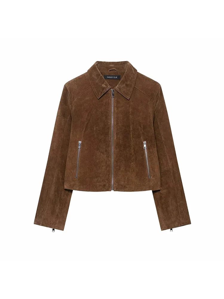 Women's 2025 Autumn New Vintage Suede Women Short Jacket Lapel Long Sleeve Zippers Female Outwear Elegant Lady Streetwear