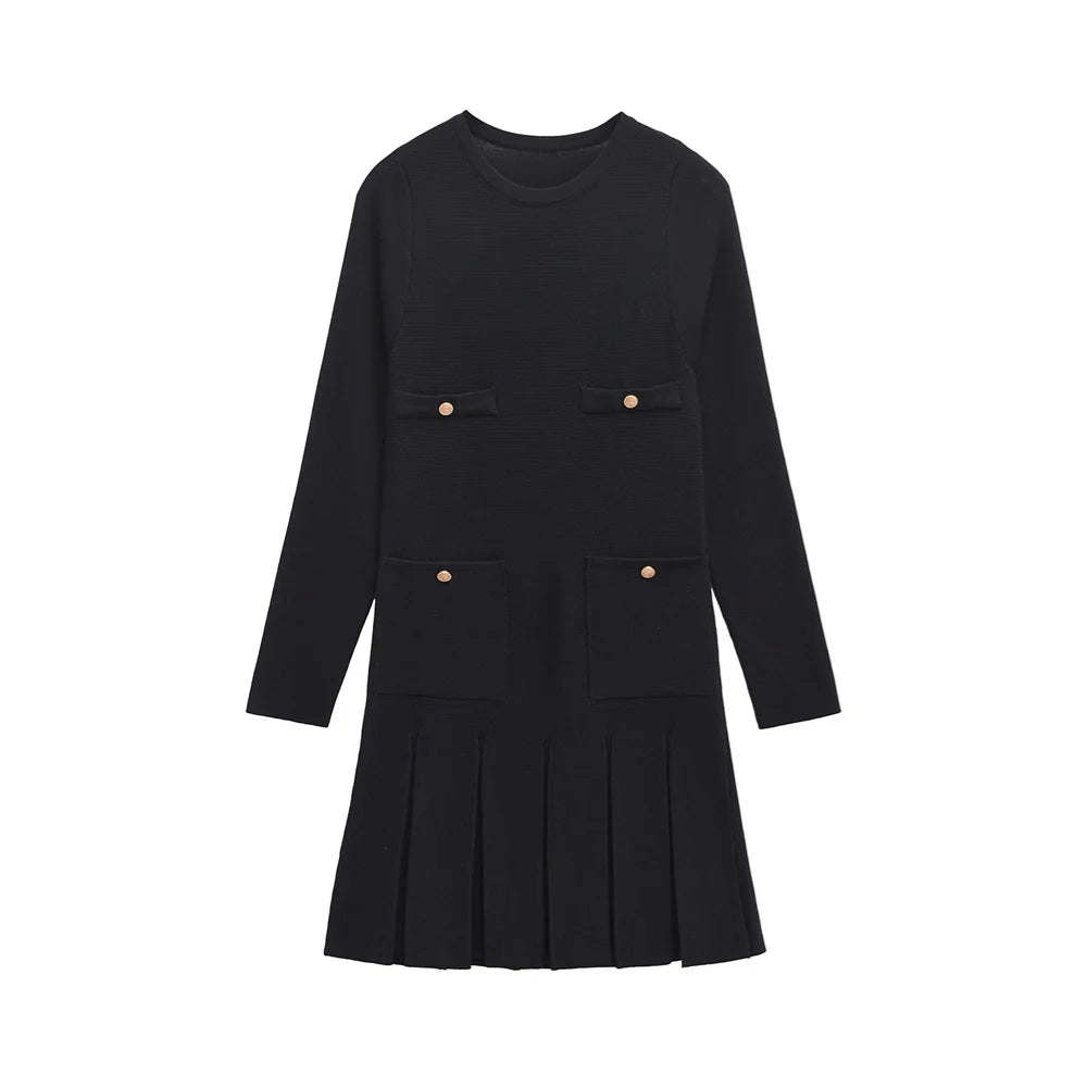 women's solid color button decoration wide pleated knitted short skirt autumn new product round neck long sleeved dress