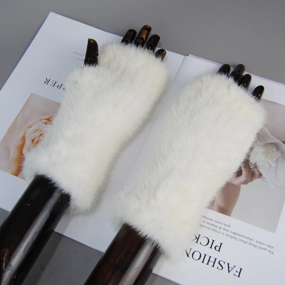 New Style Women Winter Real Mink Fur Gloves 100% Natural Warm Mink Fur Fingerless Gloves Girls Knitted Genuine Mink Fur Mittens