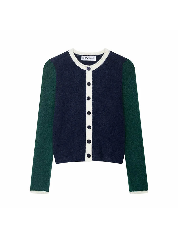 Women 2025 Winter New Knit Cardigan Contrast Trim Crew Neck Long Sleeve Button Sweater Casual Streetwear Knitted Sweatshirt Top