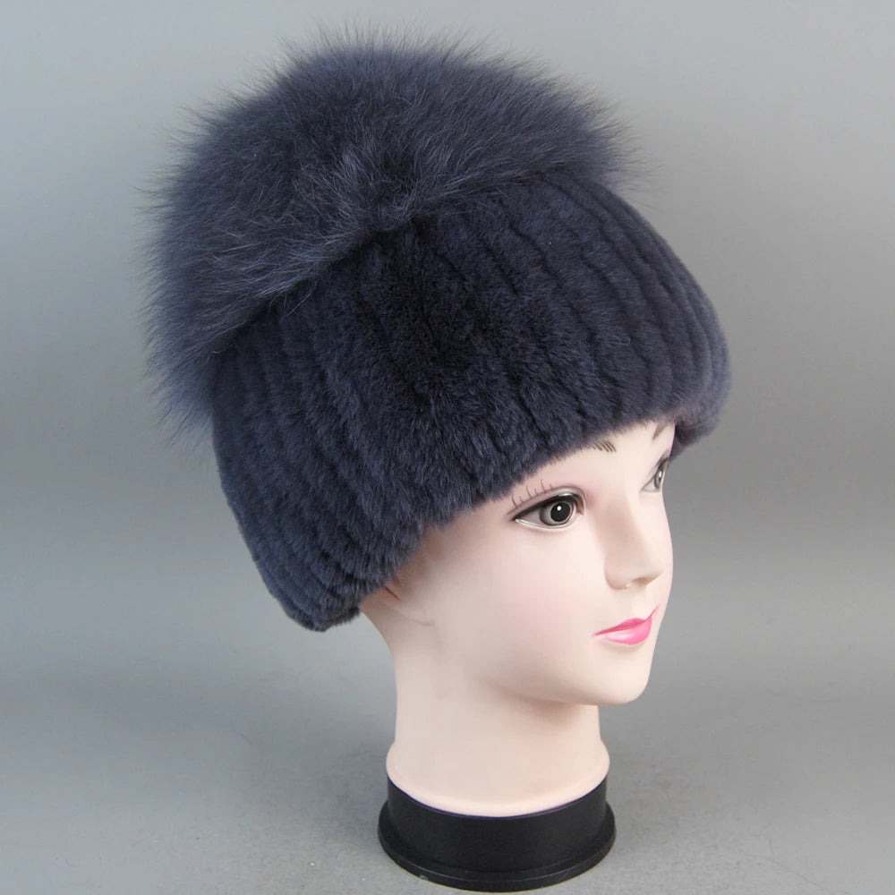 Female's Hat Good Elastic Natural Fluffy Real Fox Fur Hat New Winter Women Knitted Real Rex Rabbit Fur Hats Lady Real Fur Cap