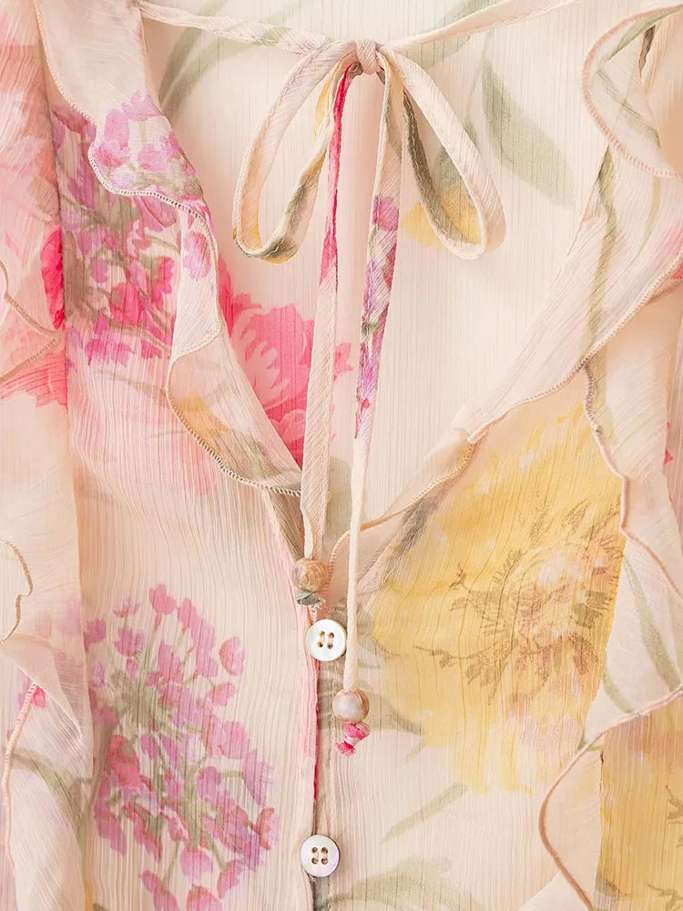 Women's Casual Chic Women Blouse Print Tierred V-Neck Long Flare Sleeve Loose Shirts New Fashion 2025 Autumn Blouses