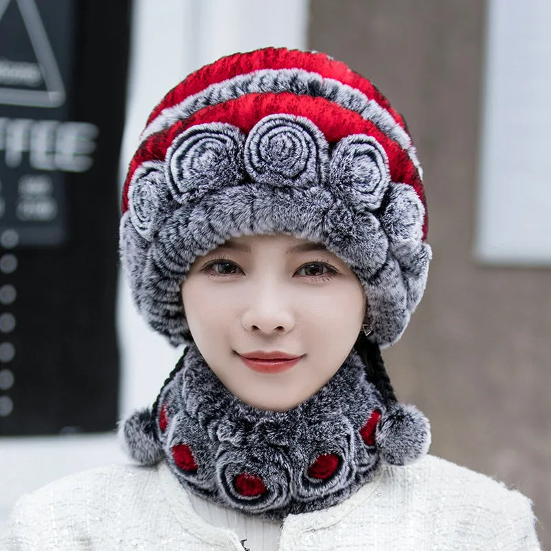 Hot Sale Women Warm Rex Rabbit Fur Hat Scarf Sets Winter Lady Knit Fur Hats Muffler 2 Pieces Natural Rex Rabbit Fur Cap Scarves