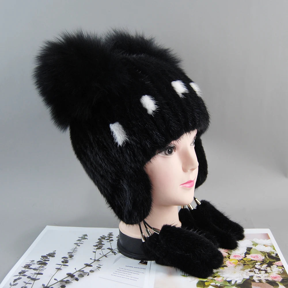 Russian Fur Hat Winter Warm Natural Mink Fur Hats for Women Classic Luxury Caps Earflap Hat Fashion Lady Real Mink Beanies Hat