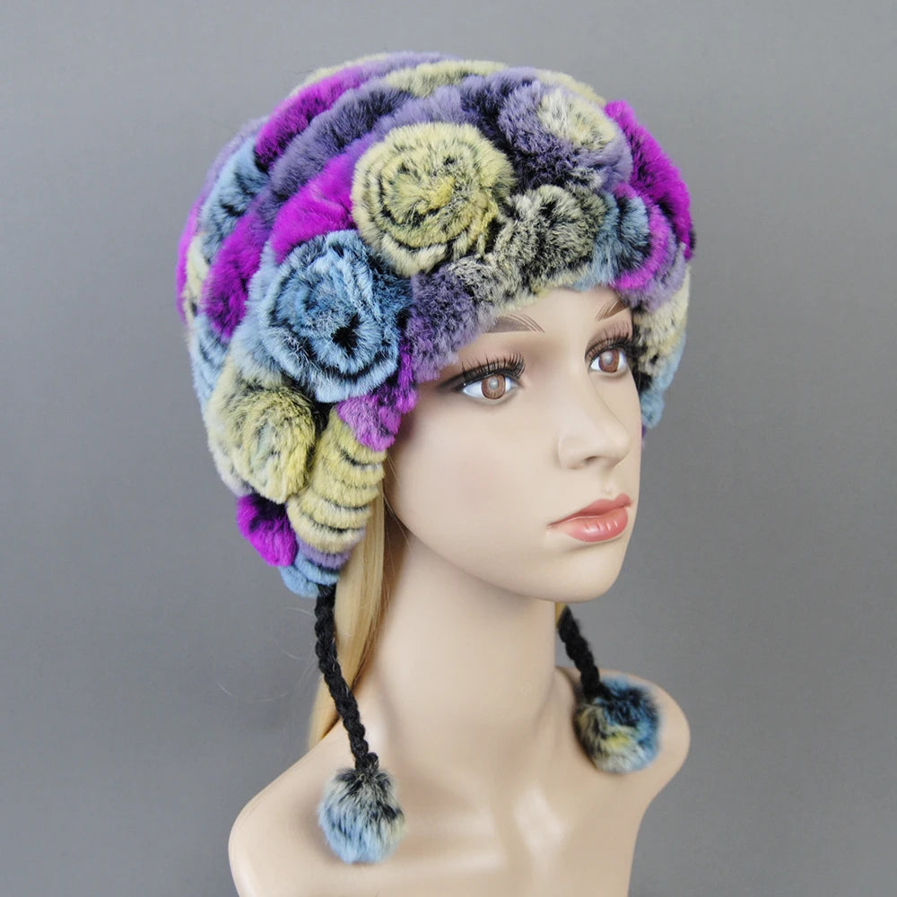Hot Sale Women Warm Rex Rabbit Fur Hat Scarf Sets Winter Lady Knit Fur Hats Muffler 2 Pieces Natural Rex Rabbit Fur Cap Scarves