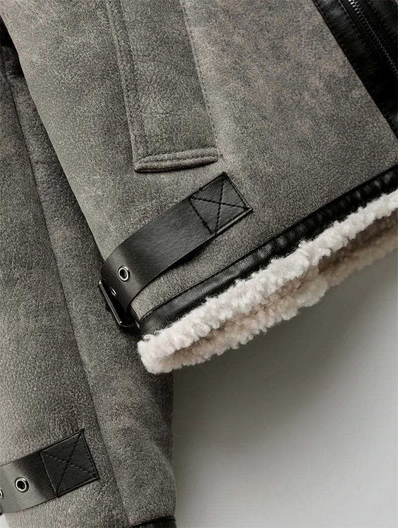 2025 Winter trip strap with fur all-in-one fleece double lapel long sleeve warm windproof grey coat for women