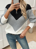 Color blocked shoulder zipper half breasted sweater