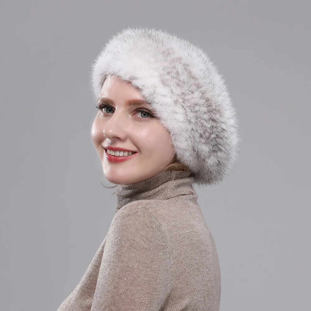 Real Mink Fur Berets Elegant Women's Winter Caps New Design Fashion Fur Hats Knitted Warm Natural Mink Fur Beanies Hat