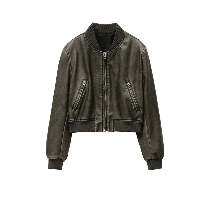 2025  Women's  new vintage imitation leather bomber jacket coat top women's style