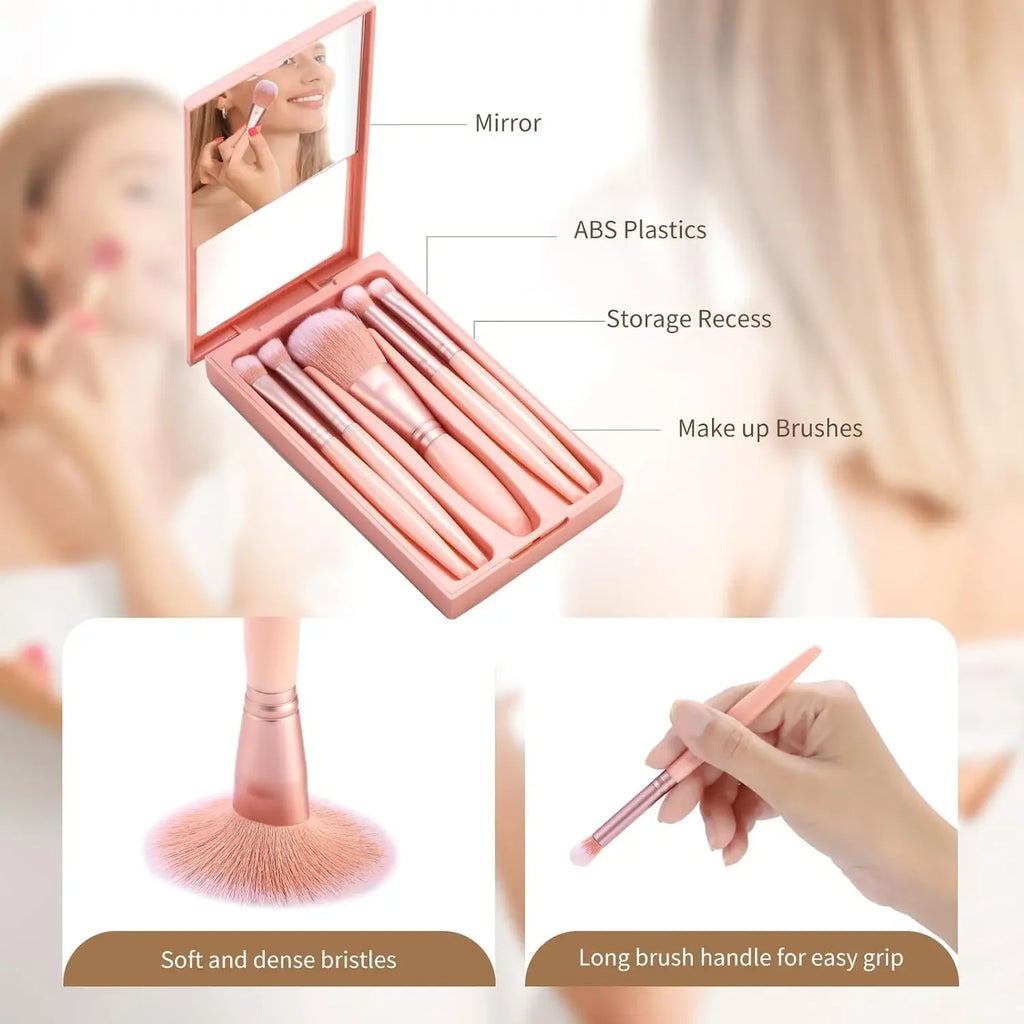 5-Piece Makeup Brush Set with Mirror, Travel Soft Bristle Loose Powder, Eyeshadow, and Blush Brush, Portable Makeup Brush Kit.