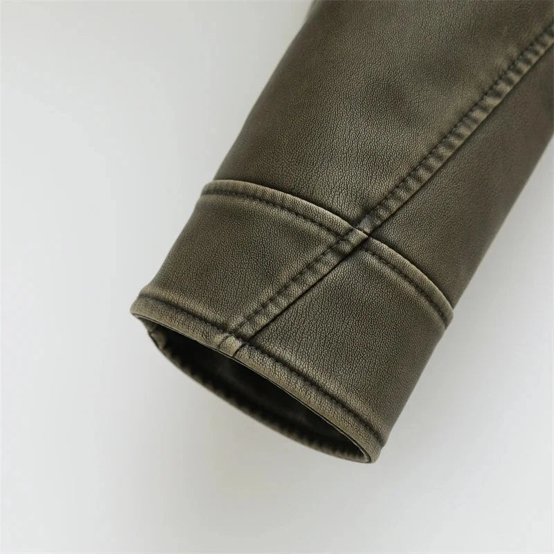 2025 Vintage Loose Pu Faux Leather Short Jacket with Belt Streetwear Female Zipper Retro Moto Biker Coat Outwear Tops