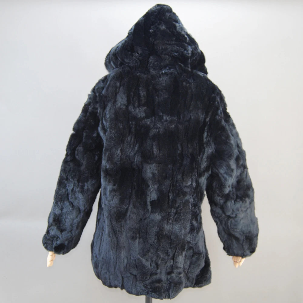 Lady Real Rex Rabbit Fur Coat Luxury Hooded Genuine Rex Rabbit Fur Jacket 2025 Fashion Women Whole Skin Real Rex Rabbit Fur Coat