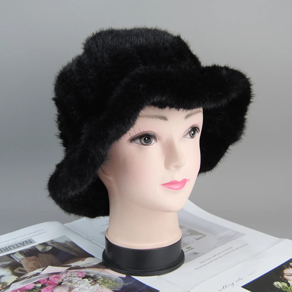 Women's Hat 2025 New Winter Real Mink Fur Hat Casual Luxury Flower Knitted Bucket Hat Pots Cap Lady Natural Mink Fur Cap Beanies