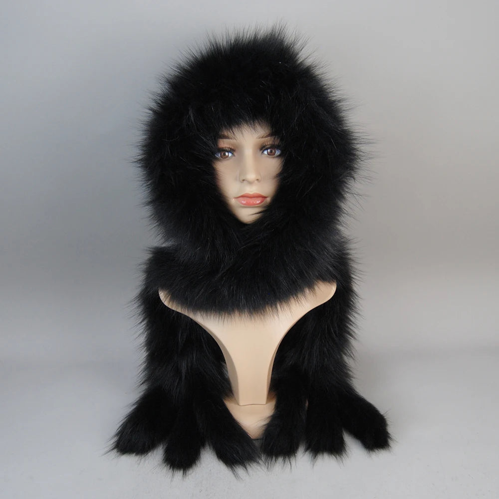 Luxury Knit Genuine Fur Caps Muffler Winter Thick Women 100% Natural Fox Fur Hat Scarves Lady Warm Fluffy Real Fox Fur Hat Scarf