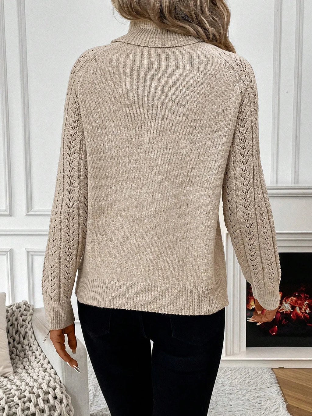 High Neck Knit Sweater - 100% Acrylic Hollow Weave, Loose Fit - Women's Casual Pullover for Fall/Winter