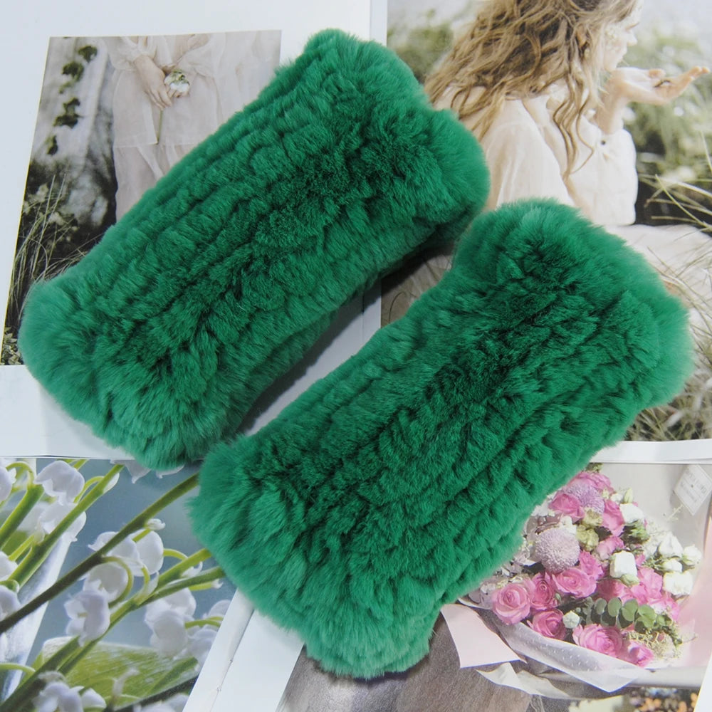 2025 Fashion Real Rex Rabbit Fur Women's Winter Gloves Genuine Fur Mittens Girl Fingerless Gloves Wrist Warmer Elastic Fluffy