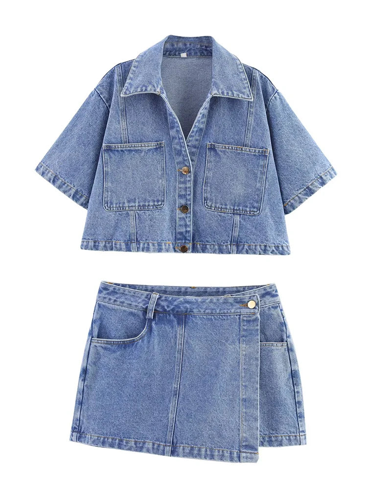 Women's Short Lapel Denim Shirt + Irregular Fashion Short Skirt Pants Vintage Casual Denim Suit Commuter High Street Suit