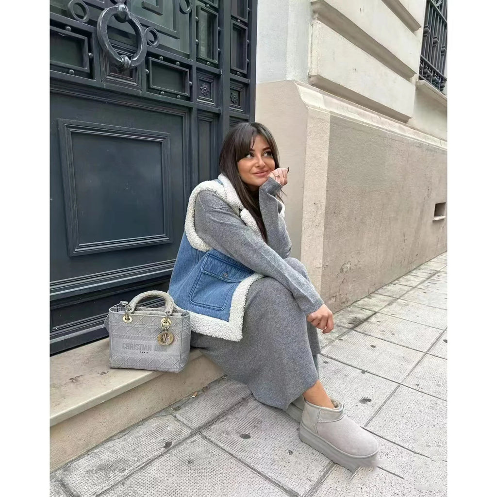 2025 women's new autumn and winter jeans do old wash and cashmere lamb vest women's top clip coat